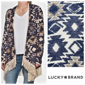 Lucky Brand Open Front Sweater Aztec Fleece Fringe Cardigan Medium